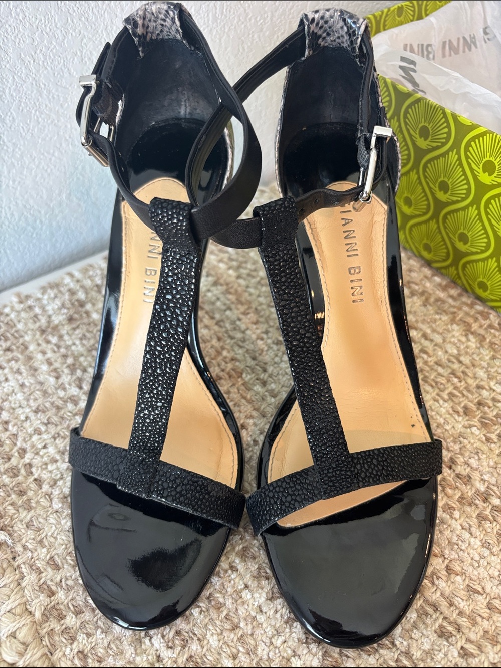 Gianni Bini Black Patent T-Strap Heels